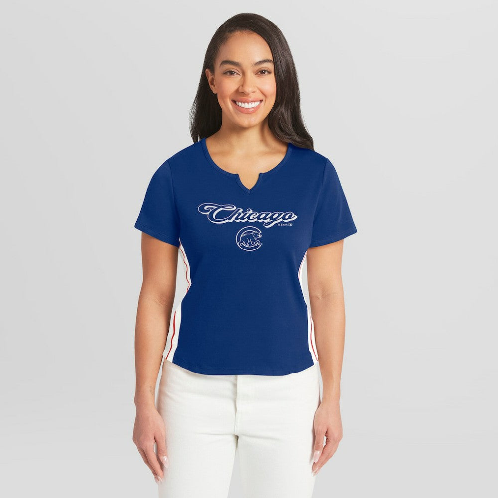 Chicago Cubs WEAR by Erin Andrews Women's Notch Neck Cropped T-Shirt - Royal - MLB on Sale