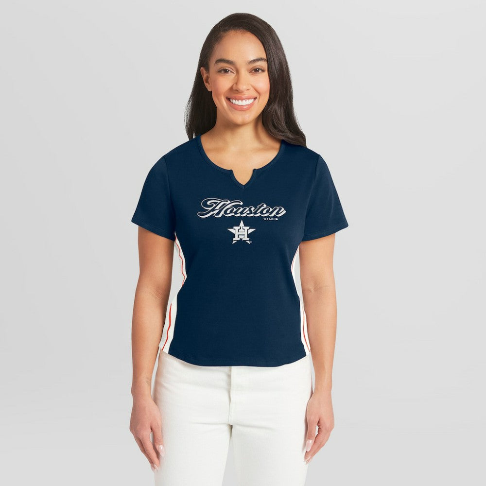 Houston Astros WEAR by Erin Andrews Women's Notch Neck Cropped T-Shirt - Navy - MLB Sale