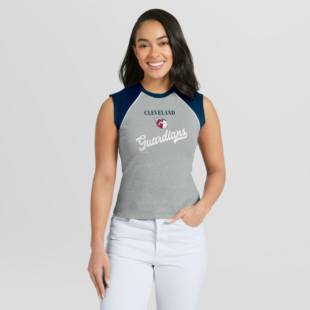 Cleveland Guardians WEAR by Erin Andrews Women's Cropped Raglan Tank Top - Heather Gray - MLB Discount