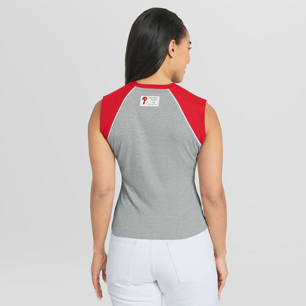 Philadelphia Phillies WEAR by Erin Andrews Women's Cropped Raglan Tank Top - Heather Gray - MLB on Sale