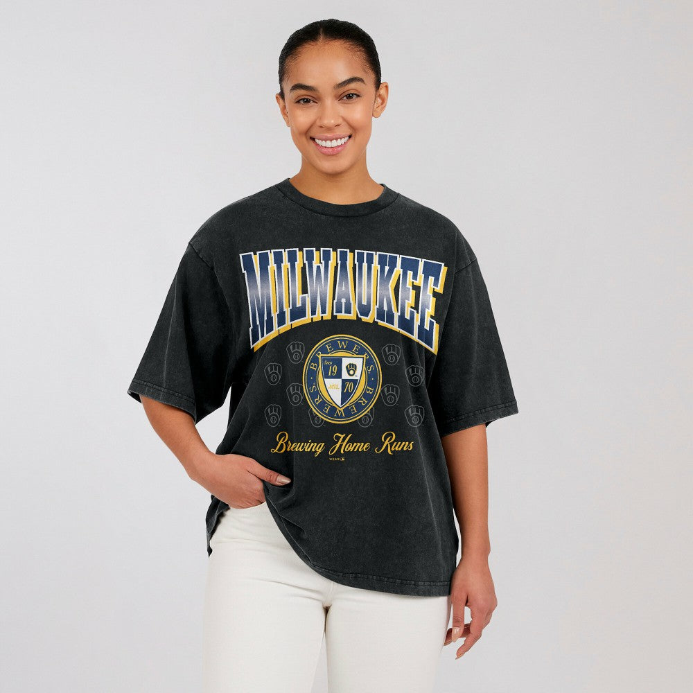 Milwaukee Brewers WEAR by Erin Andrews Women's Oversized Boyfriend T-Shirt - Black - MLB Lifestyle