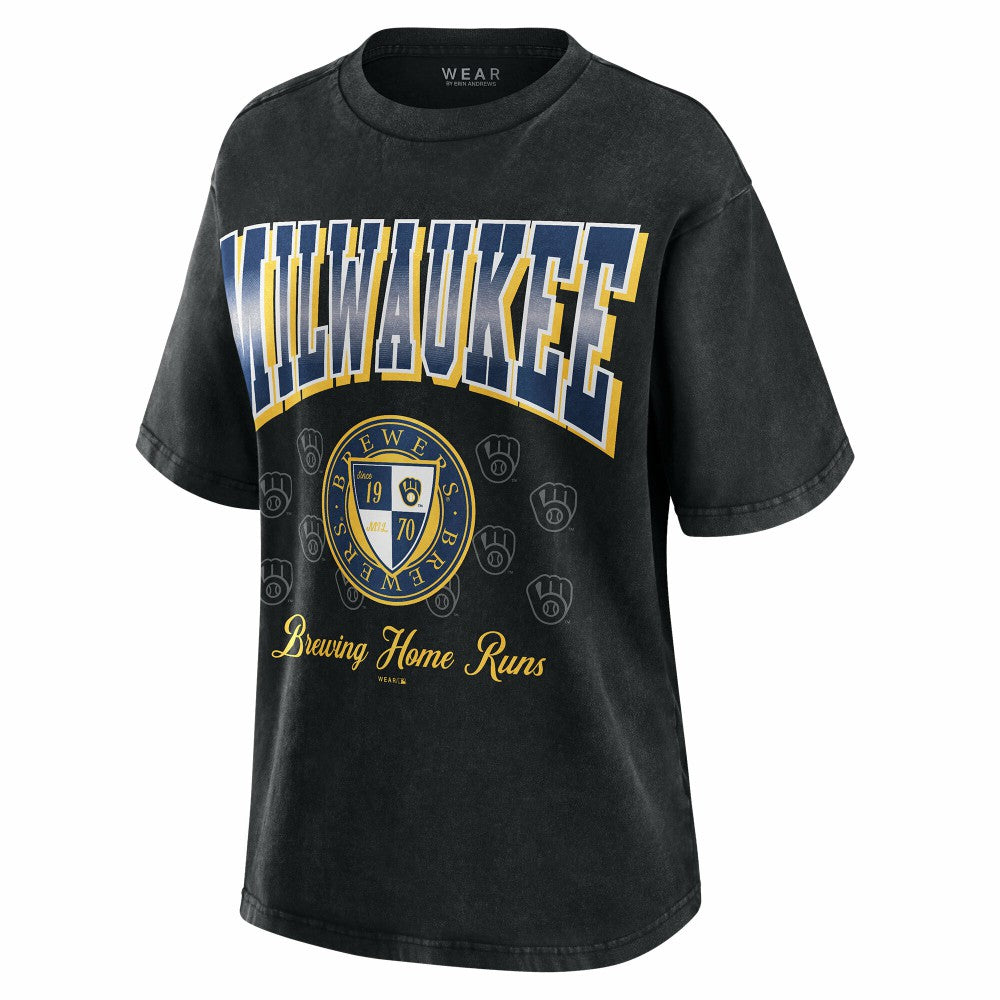 Milwaukee Brewers WEAR by Erin Andrews Women's Oversized Boyfriend T-Shirt - Black - MLB Lifestyle