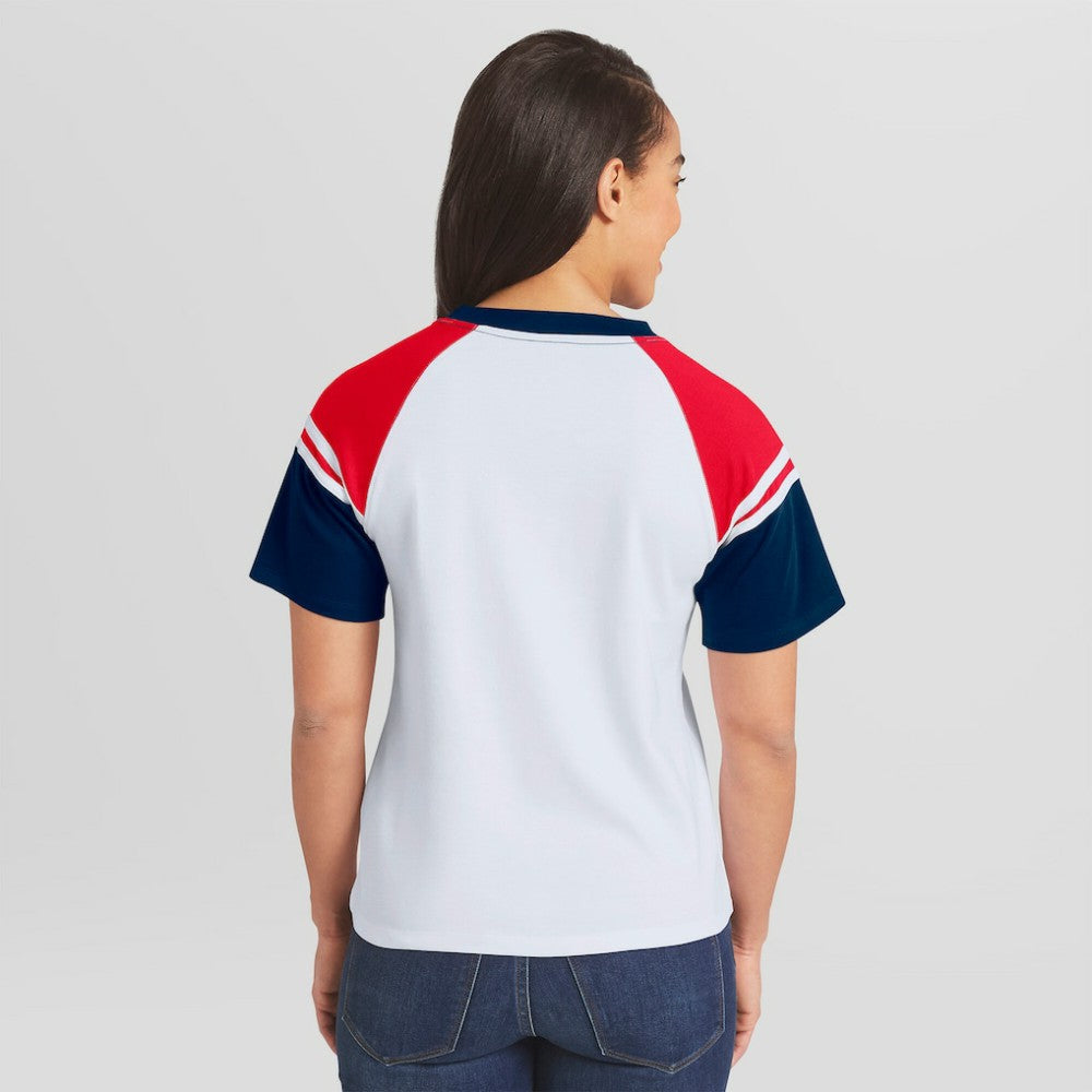 Atlanta Braves WEAR by Erin Andrews Women's Striped Raglan T-Shirt - White - MLB Sale