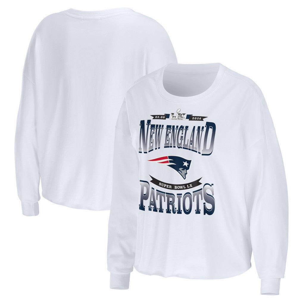 New England Patriots WEAR by Erin Andrews Women's Super Bowl LX Cropped Long Sleeve T-Shirt White