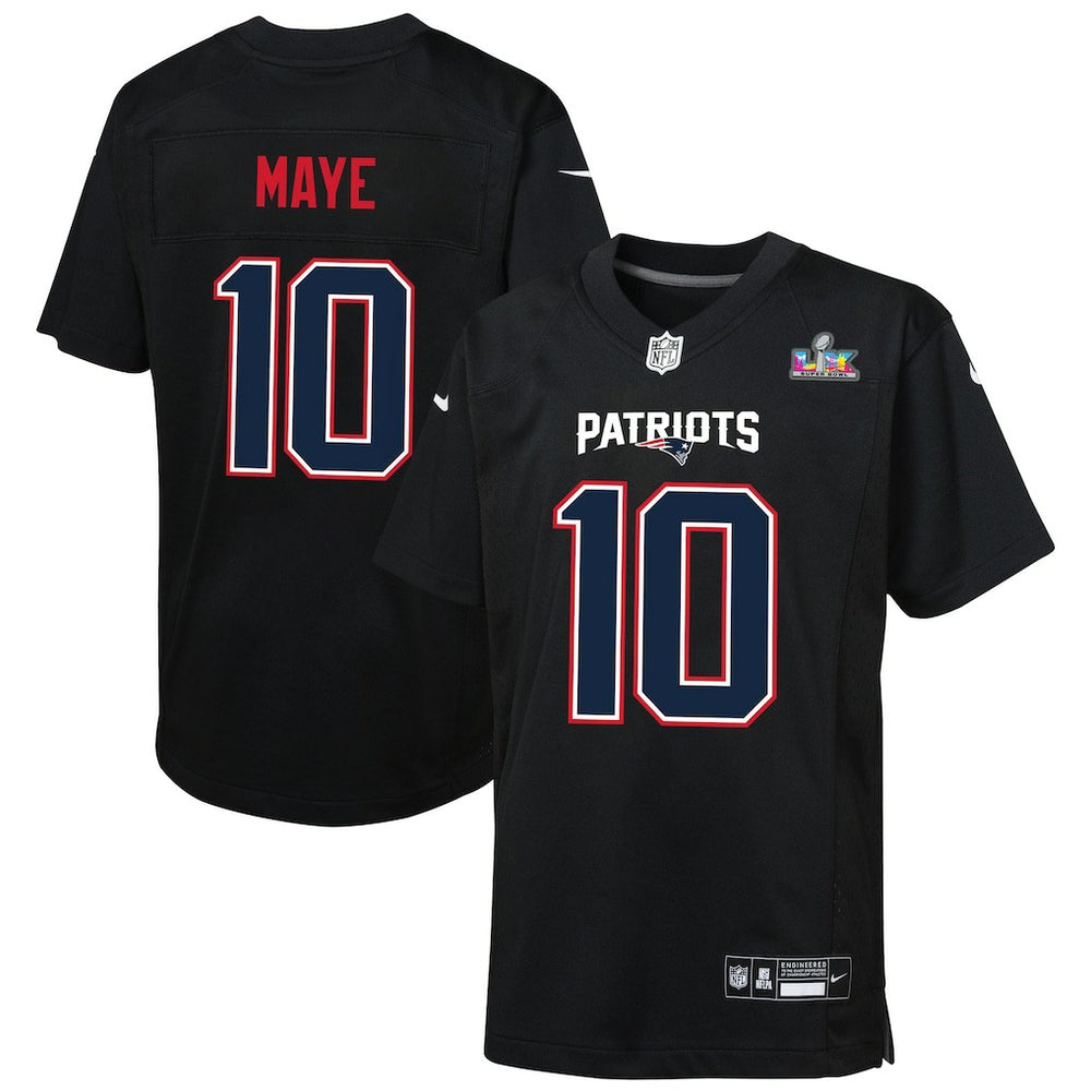 Nike Drake Maye New England Patriots Youth Super Bowl LX Patch Carbon Fashion Game Jersey Black