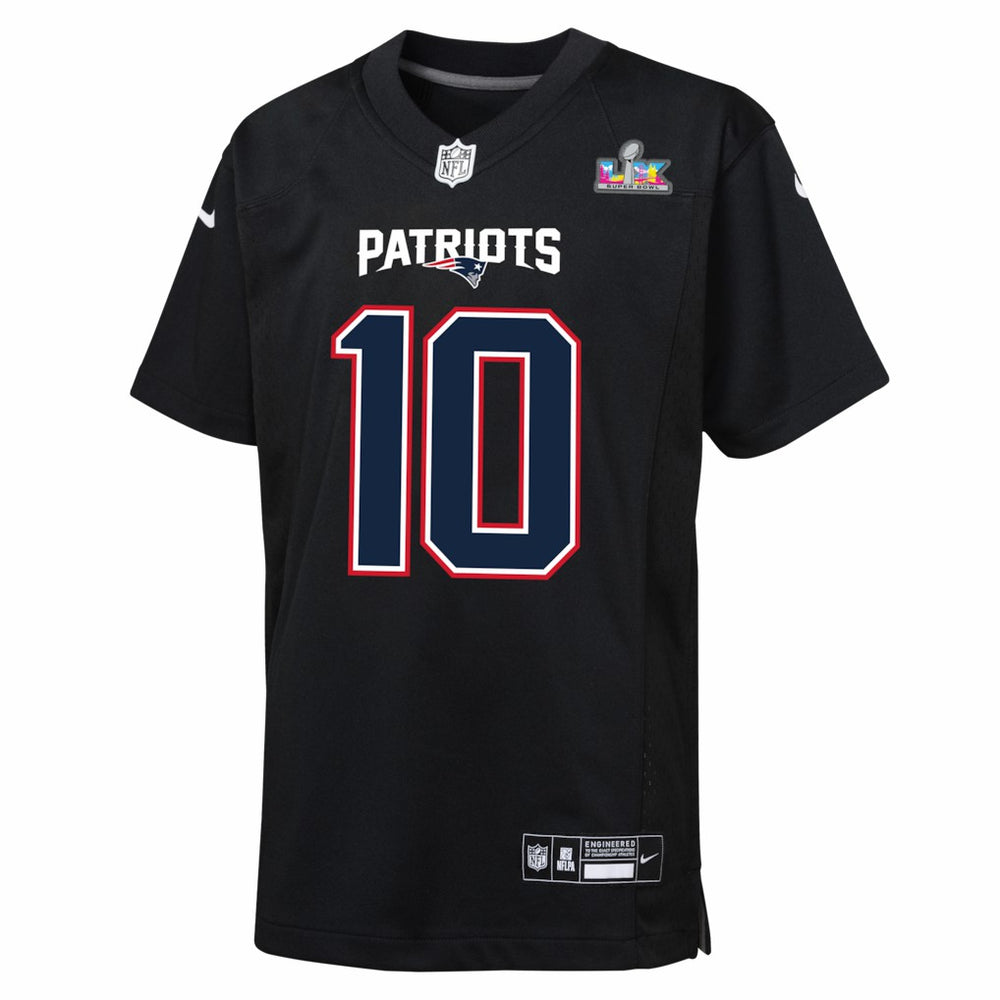 Nike Drake Maye New England Patriots Youth Super Bowl LX Patch Carbon Fashion Game Jersey Black
