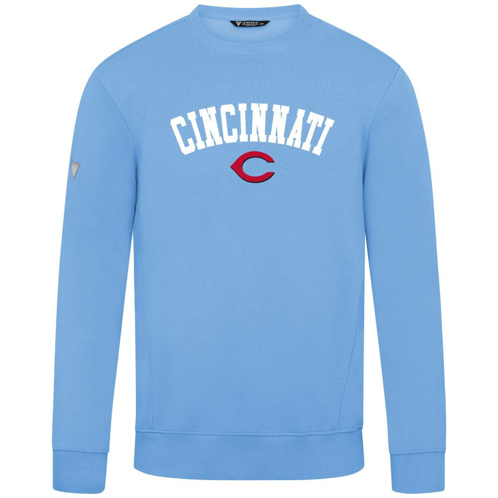 Cincinnati Reds Levelwear Zane Felt Arch Pullover Sweatshirt - Light Blue - MLB Lifestyle