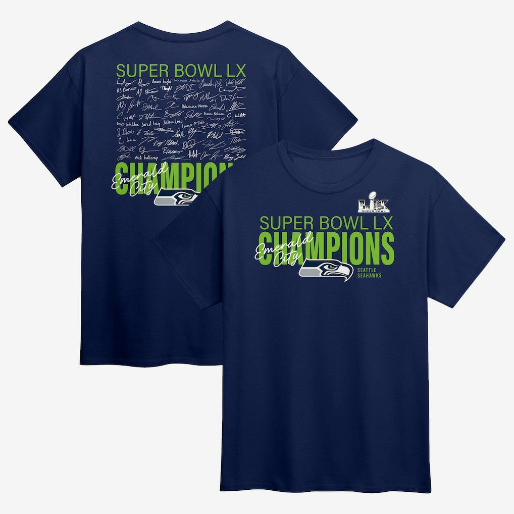 Fanatics Seattle Seahawks Super Bowl LX Champions Big & Tall Autograph Signing Roster T-Shirt College Navy