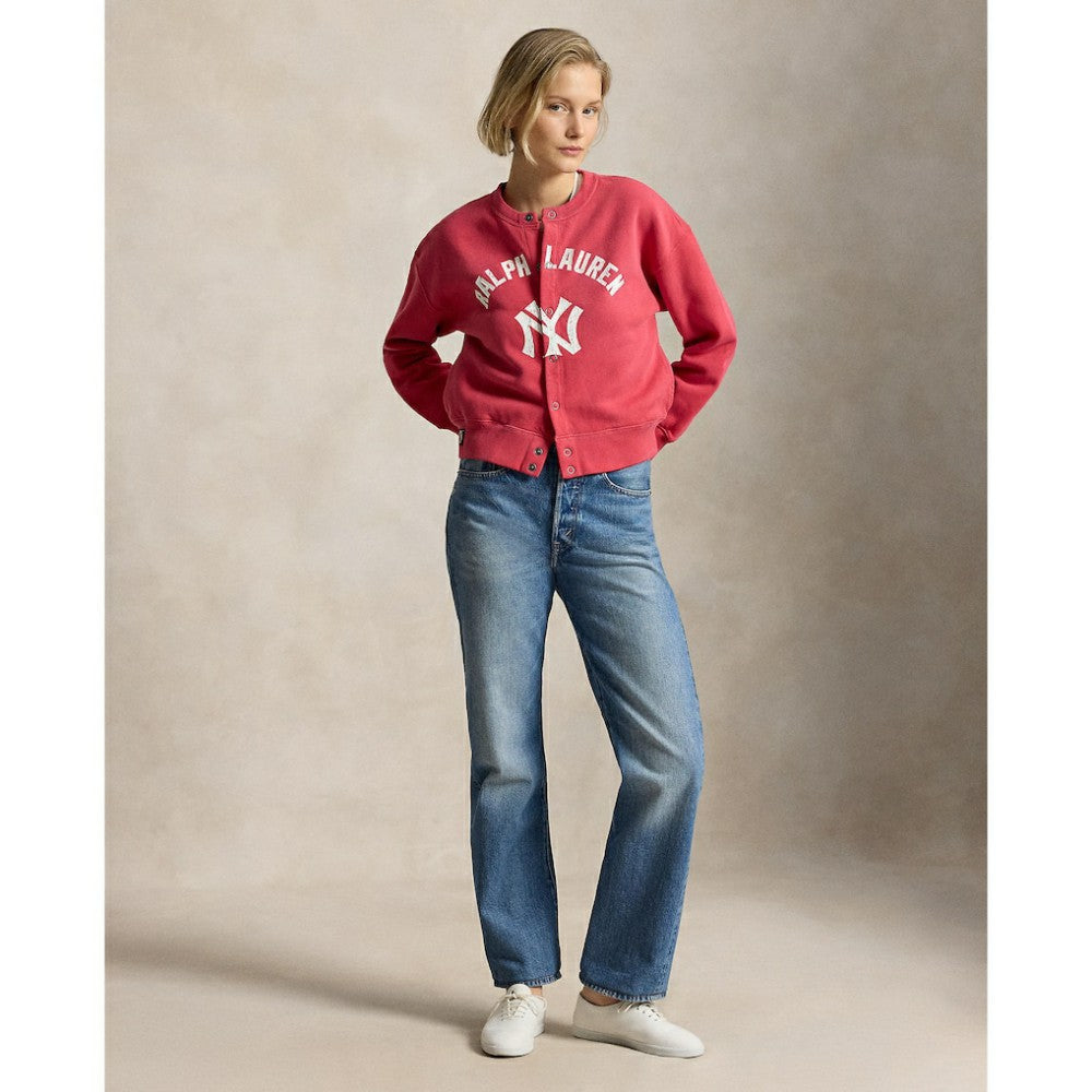 Yankees Polo Ralph Lauren Women's Seasonal Knit Full-Snap Cardigan - Red - MLB Sale