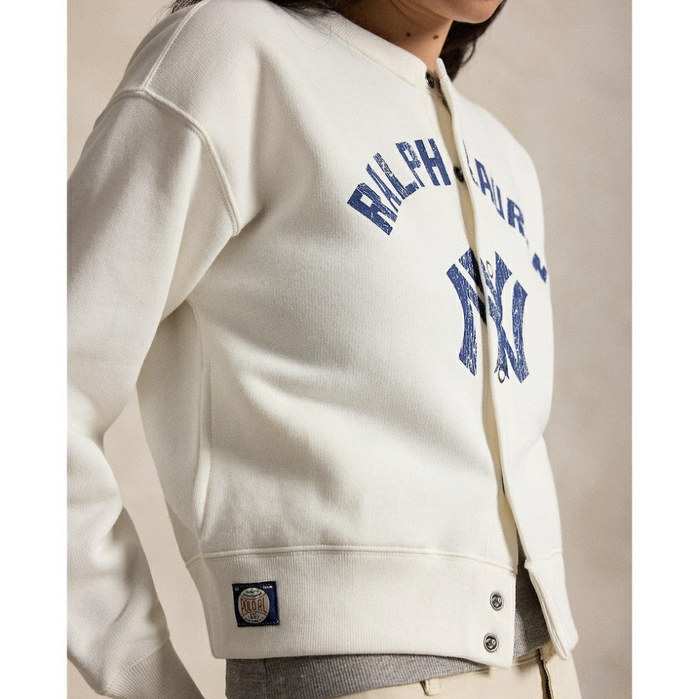 Yankees Polo Ralph Lauren Women's Seasonal Knit Full-Snap Cardigan - White - MLB Lifestyle