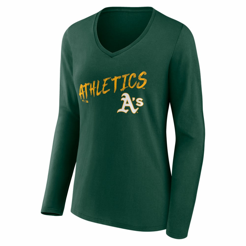 Athletics Women's Hustle Personalized Name & Number Long Sleeve V-Neck T-Shirt - Green - MLB Discount
