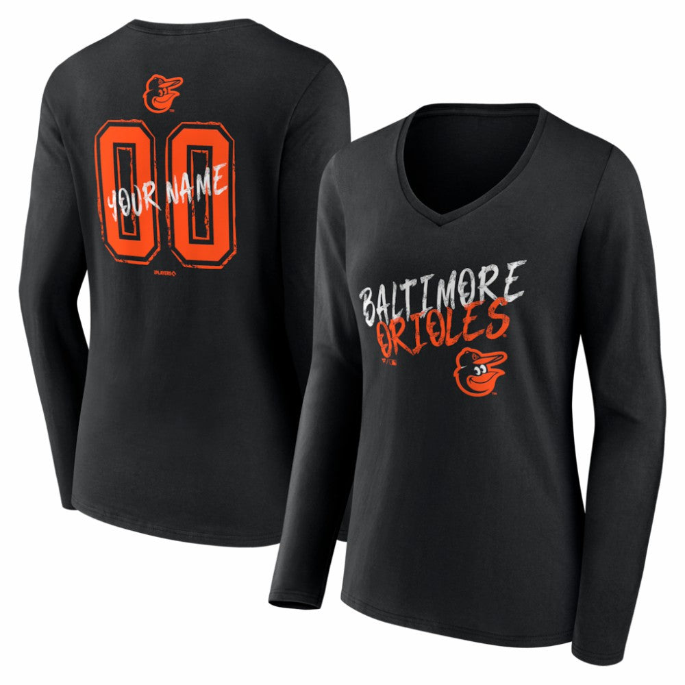 Baltimore Orioles Women's Hustle Personalized Name & Number Long Sleeve V-Neck T-Shirt - Black - MLB Discount
