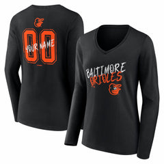 Baltimore Orioles Women's Hustle Personalized Name & Number Long Sleeve V-Neck T-Shirt - Black - MLB Discount
