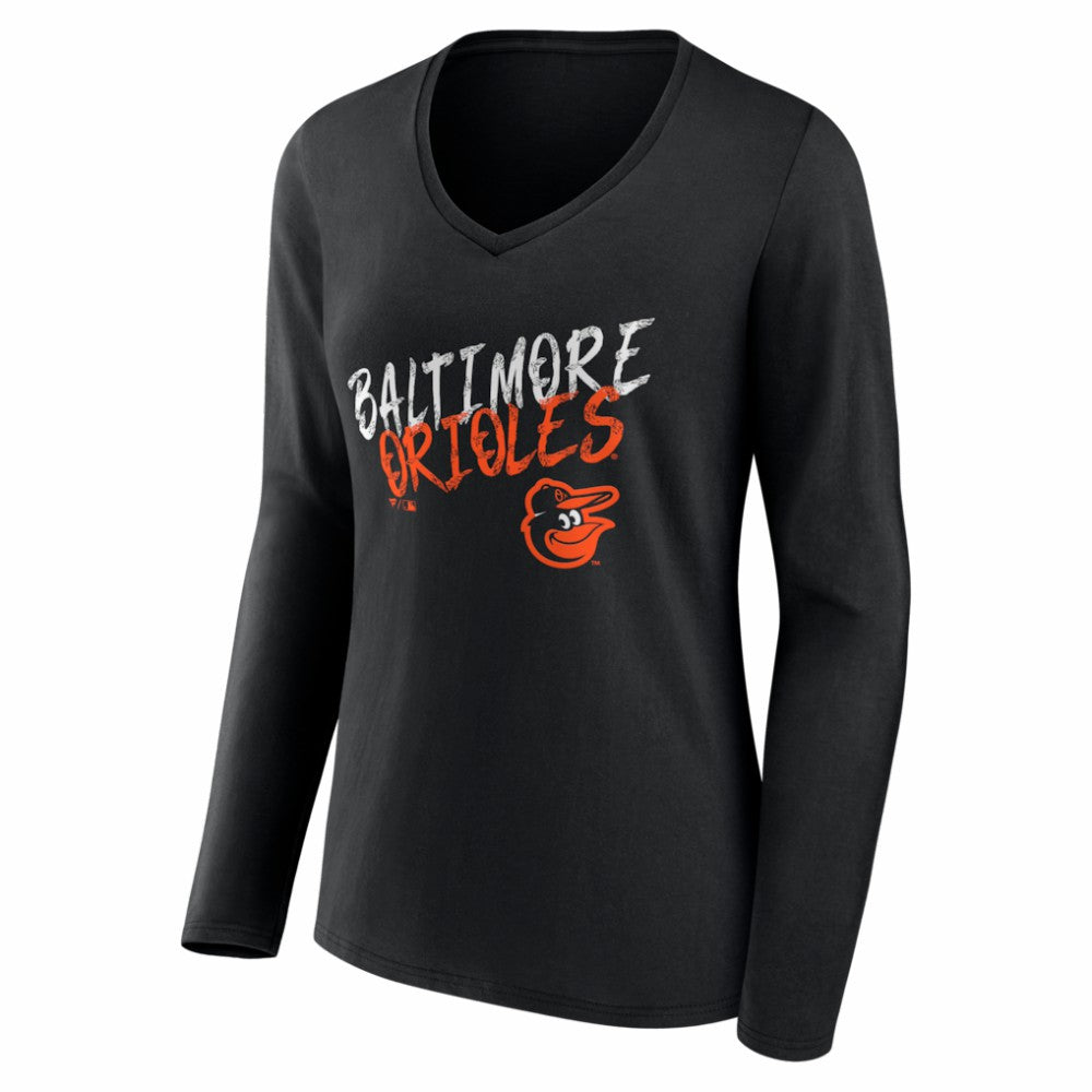 Baltimore Orioles Women's Hustle Personalized Name & Number Long Sleeve V-Neck T-Shirt - Black - MLB Discount