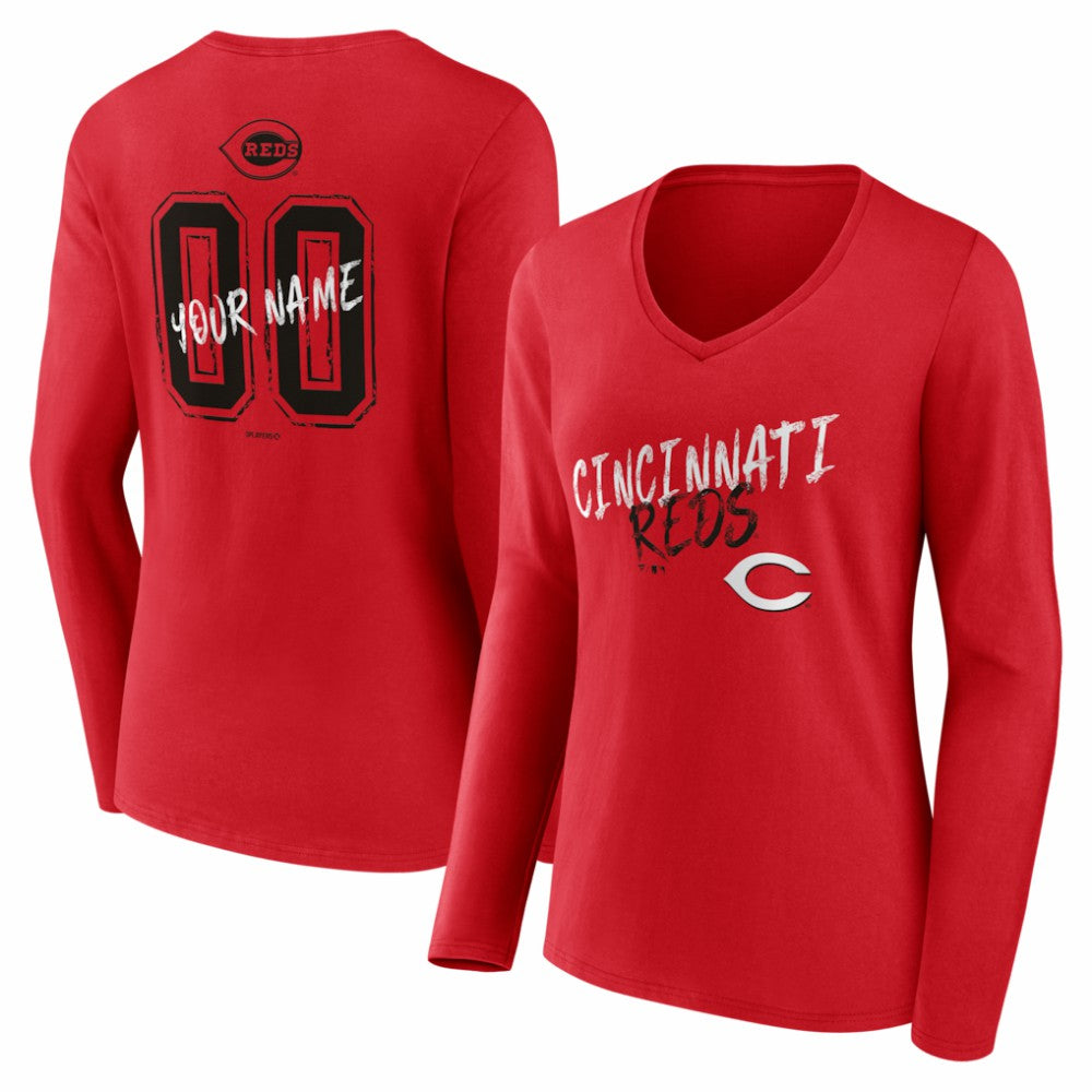 Cincinnati Reds Women's Hustle Personalized Name & Number Long Sleeve V-Neck T-Shirt - Red - MLB Lifestyle