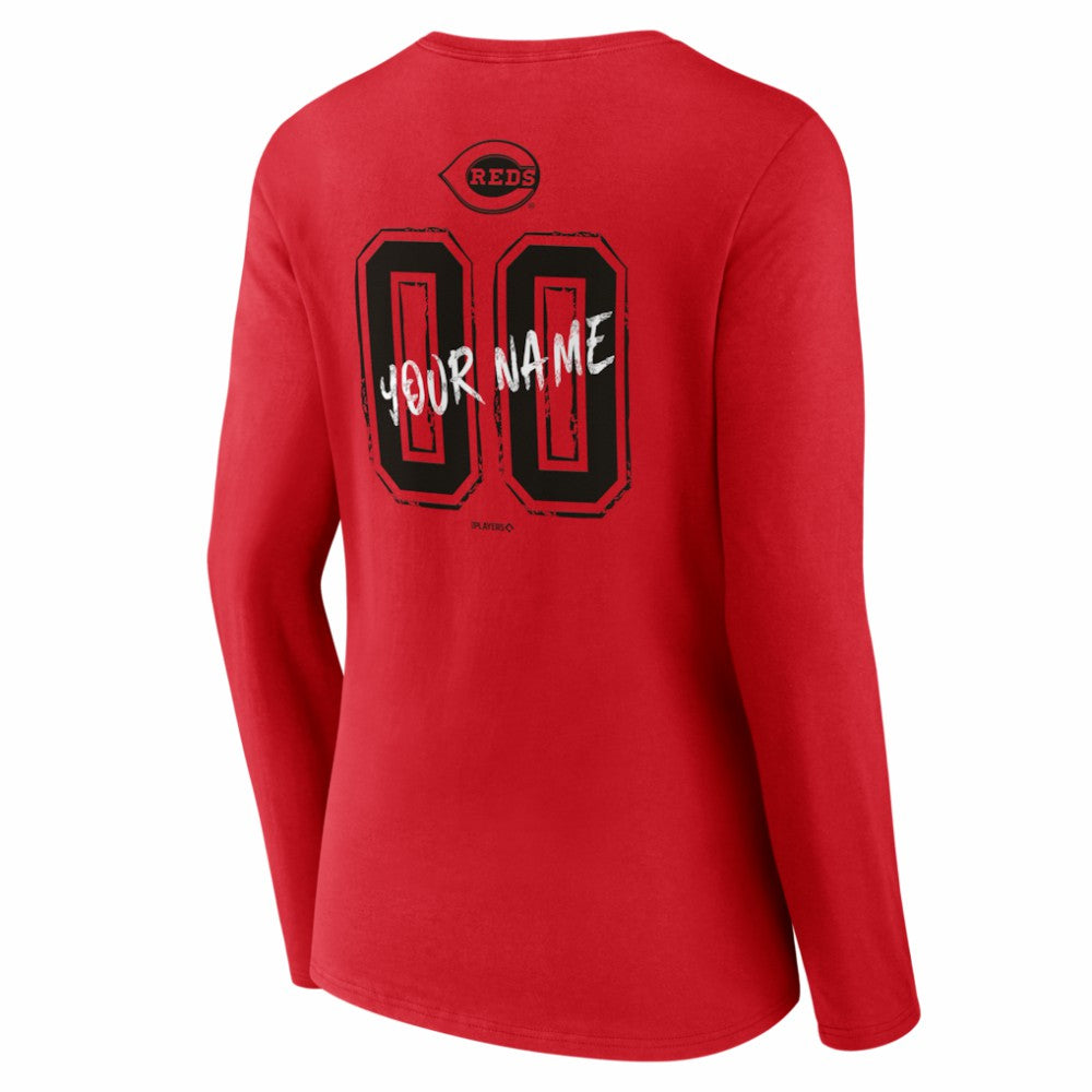 Cincinnati Reds Women's Hustle Personalized Name & Number Long Sleeve V-Neck T-Shirt - Red - MLB Lifestyle