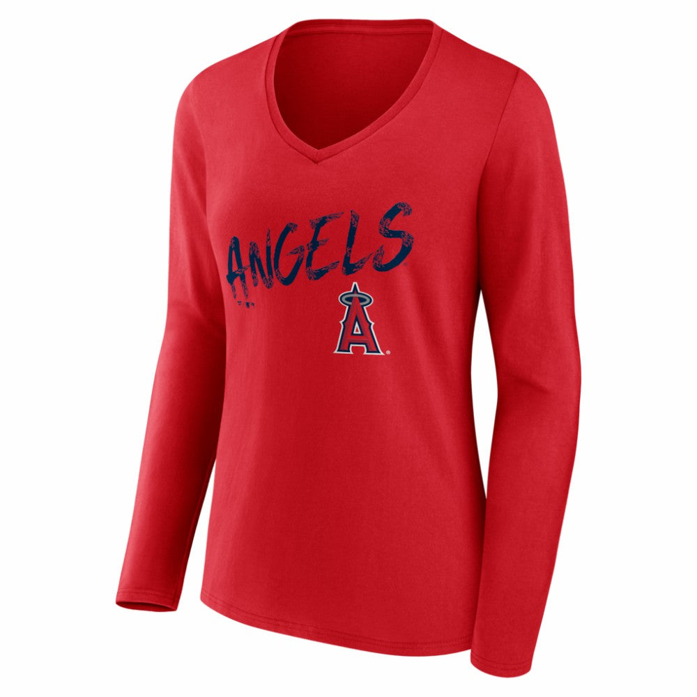 Los Angeles Angels Women's Hustle Personalized Name & Number Long Sleeve V-Neck T-Shirt - Red - MLB Sale