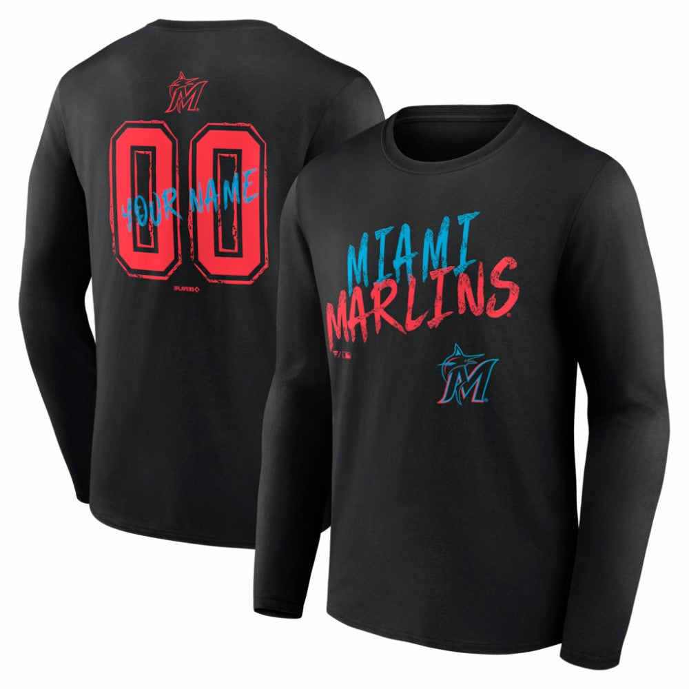 Miami Marlins  Hustle Personalized Name & Number Long Sleeve T-Shirt - Black - MLB Sale