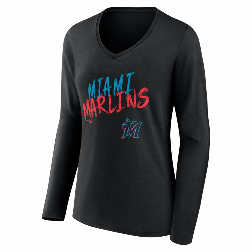 Miami Marlins Women's Hustle Personalized Name & Number Long Sleeve V-Neck T-Shirt - Black - MLB Lifestyle