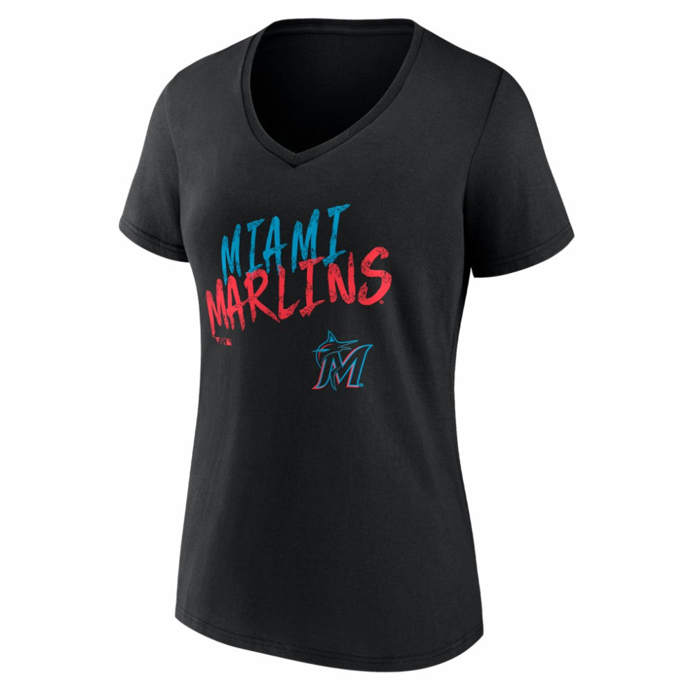 Miami Marlins Women's Hustle Personalized Name & Number V-Neck T-Shirt - Black - MLB Lifestyle