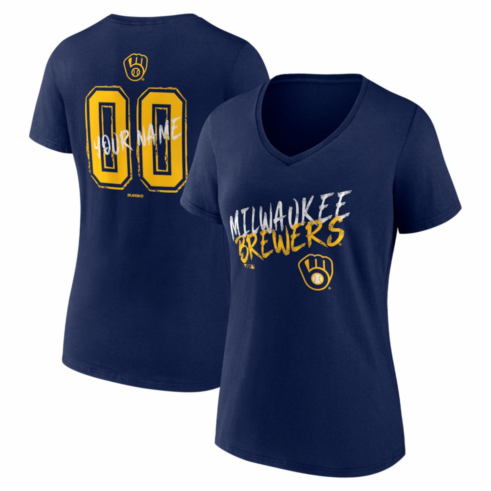 Milwaukee Brewers Women's Hustle Personalized Name & Number V-Neck T-Shirt - Navy - MLB Sale