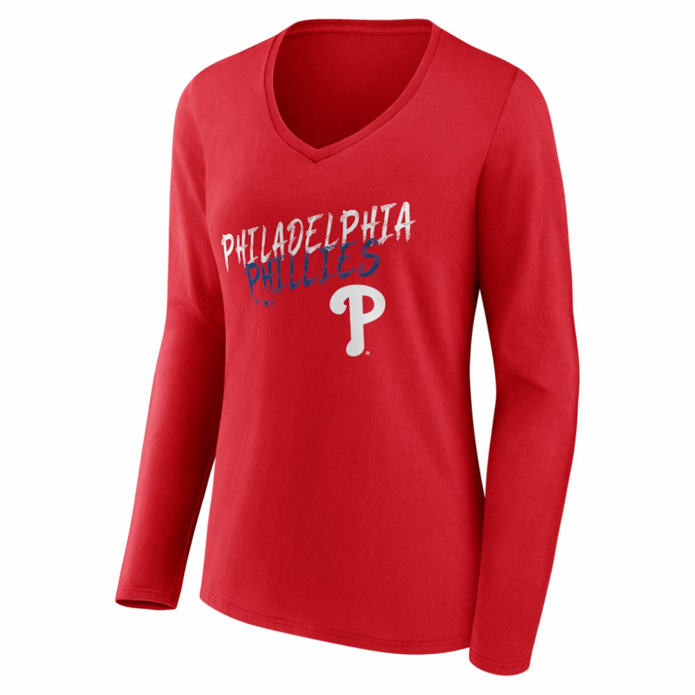 Philadelphia Phillies Women's Hustle Personalized Name & Number Long Sleeve V-Neck T-Shirt - Red - MLB Lifestyle