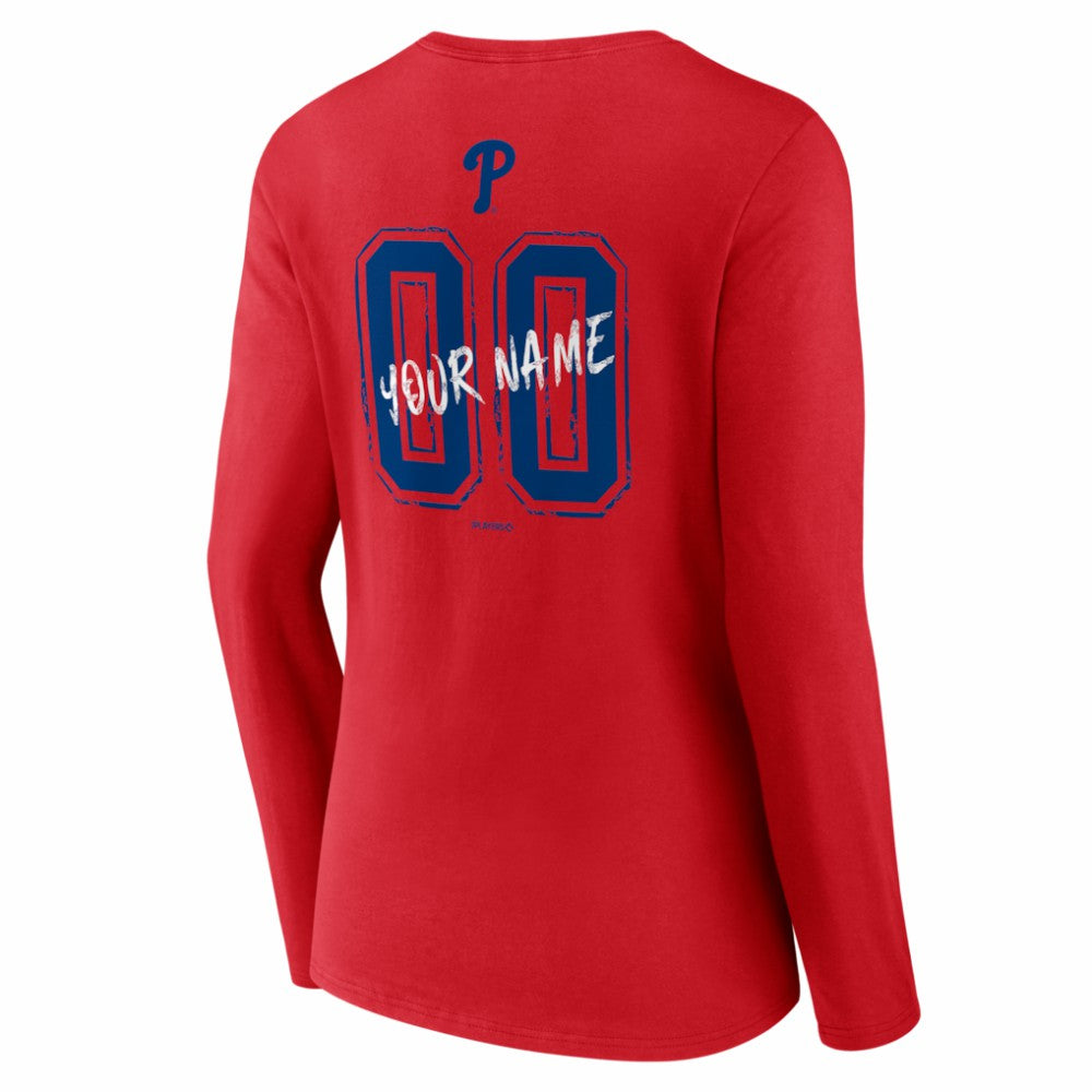 Philadelphia Phillies Women's Hustle Personalized Name & Number Long Sleeve V-Neck T-Shirt - Red - MLB Lifestyle