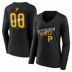 Pittsburgh Pirates Women's Hustle Personalized Name & Number Long Sleeve V-Neck T-Shirt - Black - MLB Discount