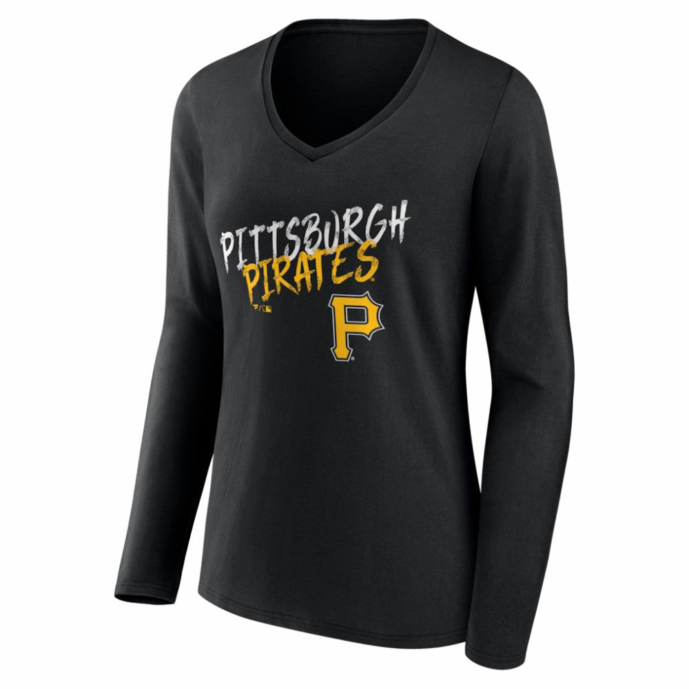 Pittsburgh Pirates Women's Hustle Personalized Name & Number Long Sleeve V-Neck T-Shirt - Black - MLB Discount