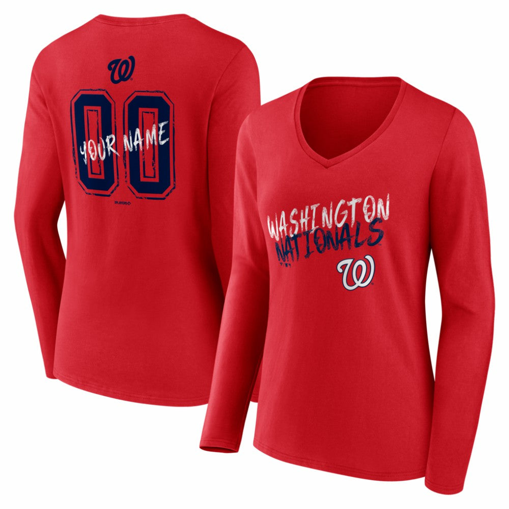 Washington Nationals Women's Hustle Personalized Name & Number Long Sleeve V-Neck T-Shirt - Red - MLB Lifestyle