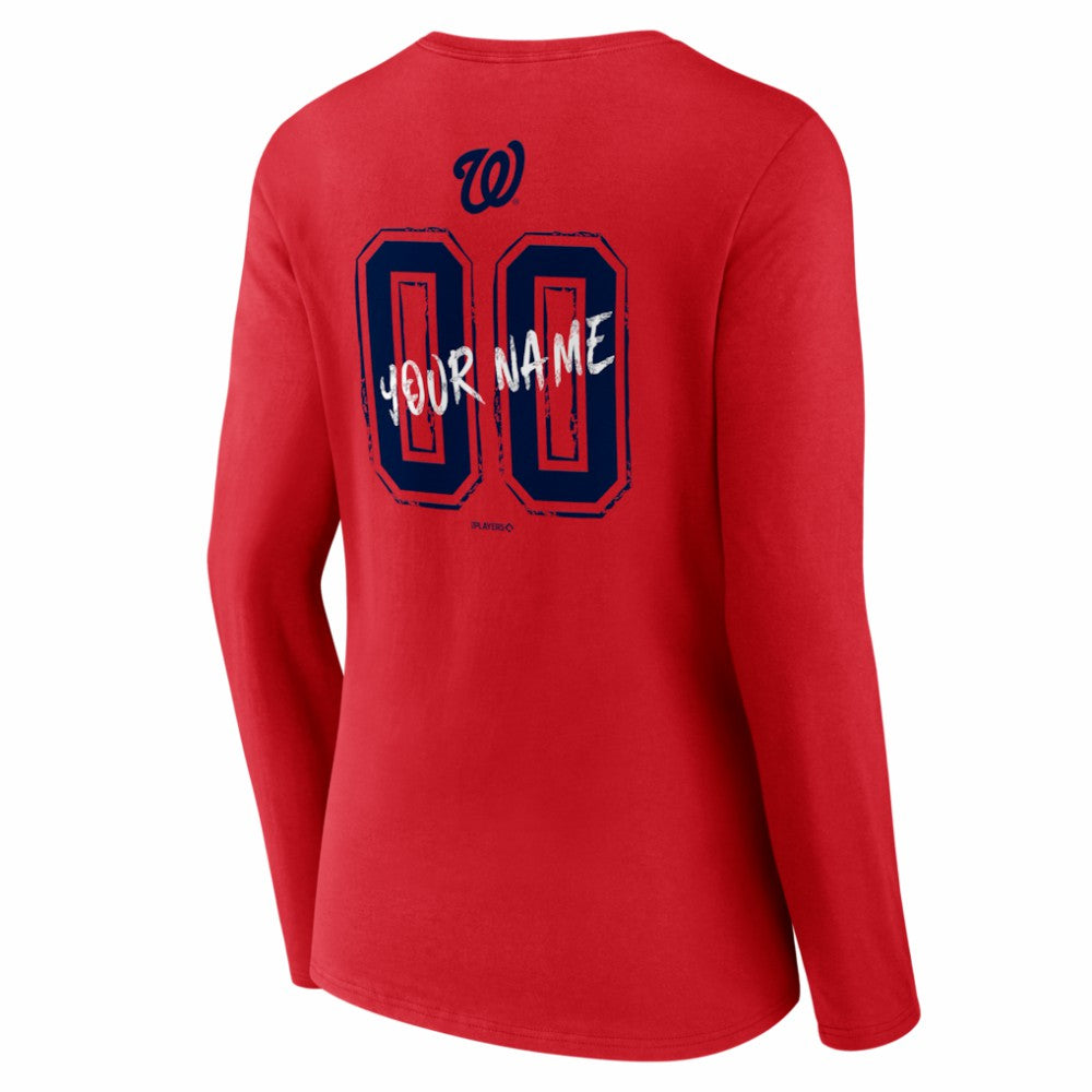 Washington Nationals Women's Hustle Personalized Name & Number Long Sleeve V-Neck T-Shirt - Red - MLB Lifestyle