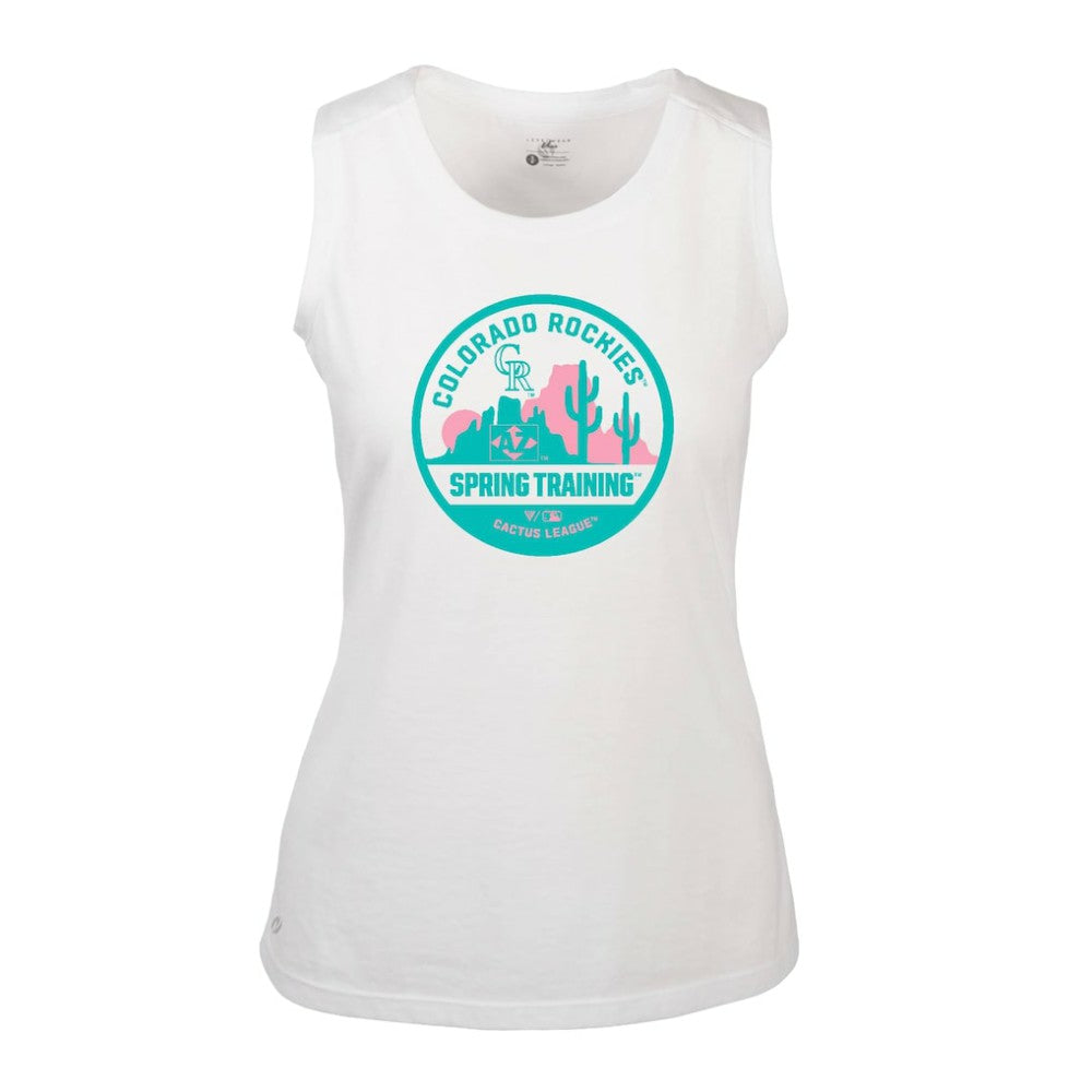 Colorado Rockies Levelwear Women's Macy Spring Training Badge Bold Tank Top - White - MLB Online