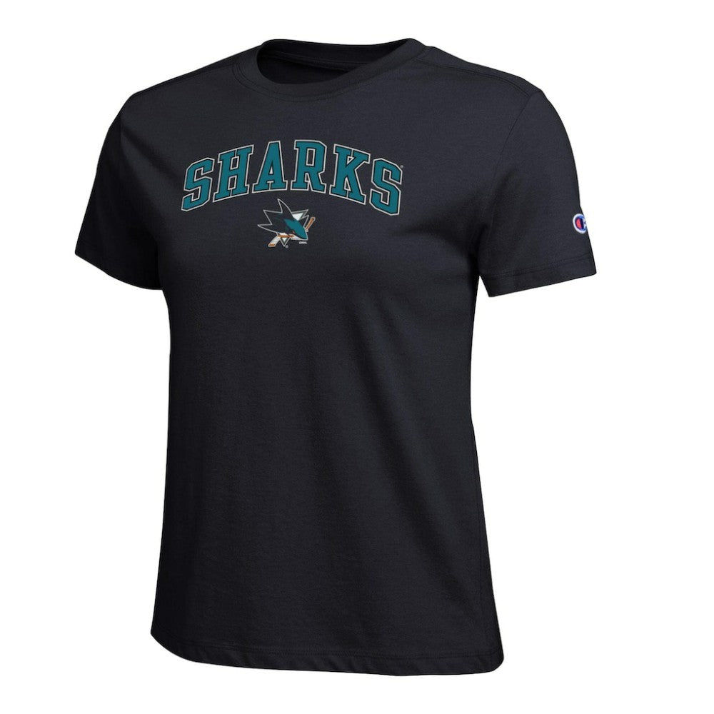 San Jose Sharks Champion Women's Arch Mascot Logo T-Shirt - Black - NHL 203898285