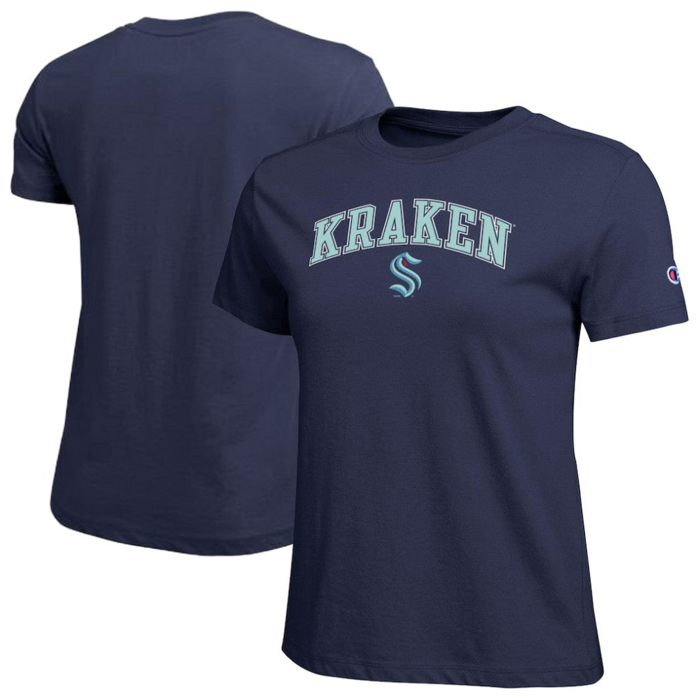 Seattle Kraken Champion Women's Arch Mascot Logo T-Shirt - Navy - NHL 203898286