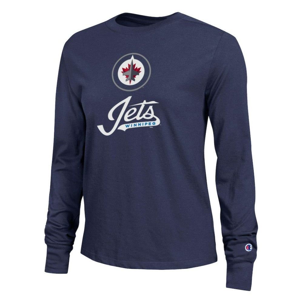 Winnipeg Jets Champion Women's Wordmark Lockup Long Sleeve T-Shirt - Navy - NHL 203898293