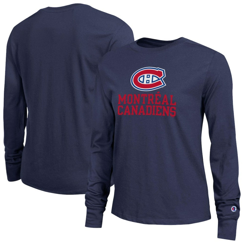 Montreal Canadiens Champion Women's Wordmark Lockup Long Sleeve T-Shirt - Navy - NHL 203898300