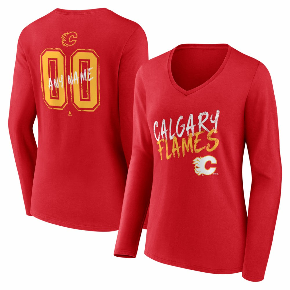 Calgary Flames Women's Hustle Personalized Name & Number Long Sleeve V-Neck T-Shirt - Red - NHL 203920993