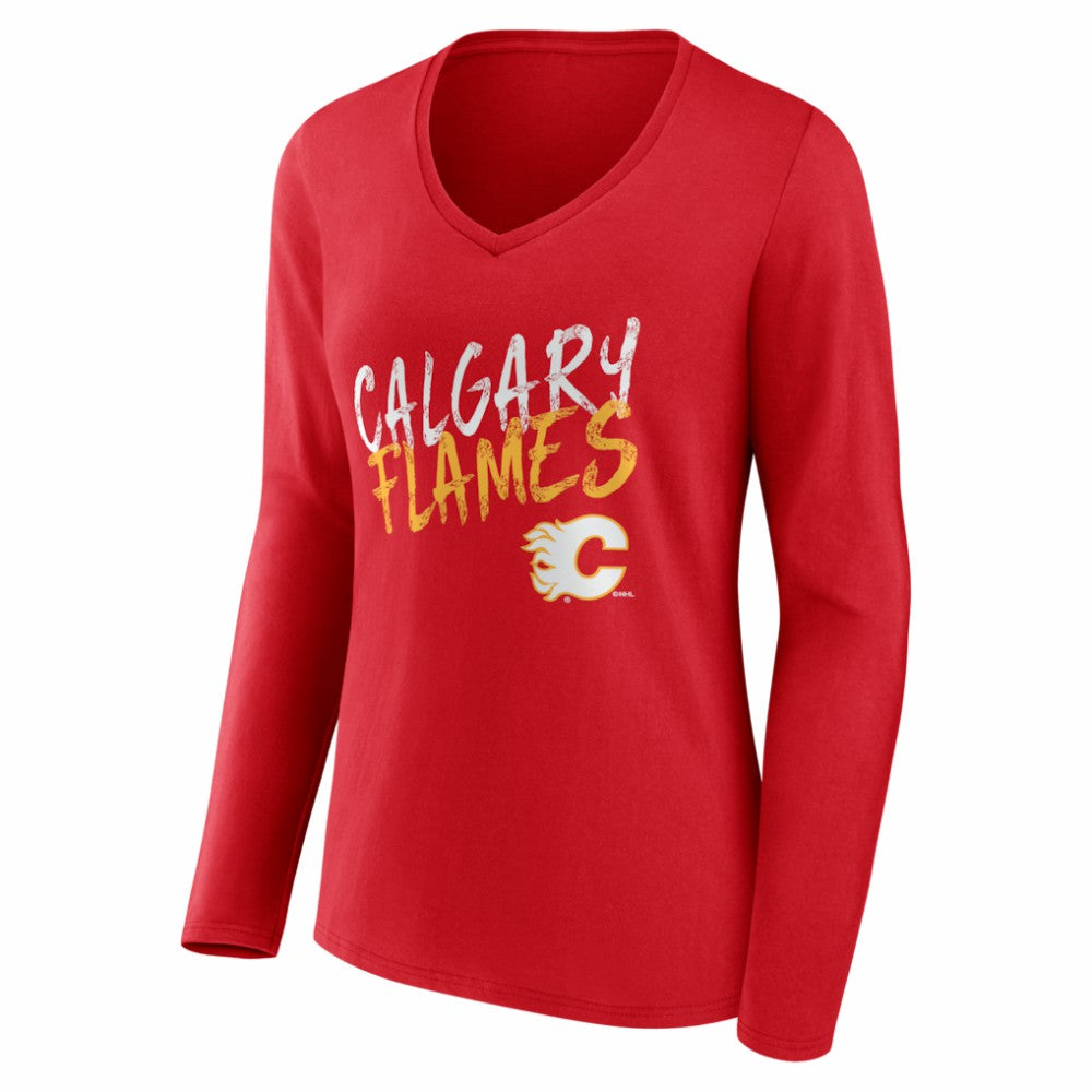 Calgary Flames Women's Hustle Personalized Name & Number Long Sleeve V-Neck T-Shirt - Red - NHL 203920993