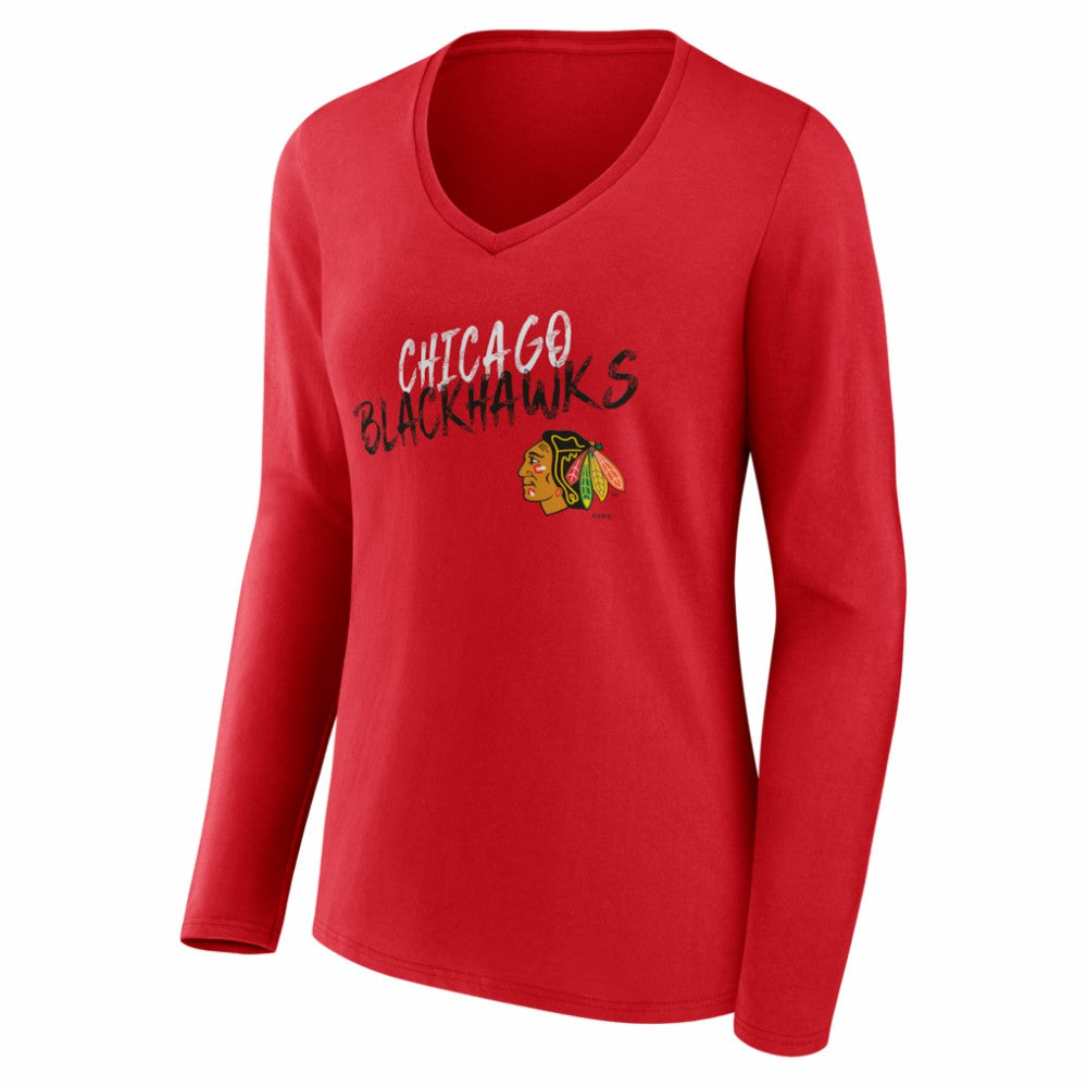 Chicago Blackhawks Women's Hustle Personalized Name & Number Long Sleeve V-Neck T-Shirt - Red - NHL 203921005