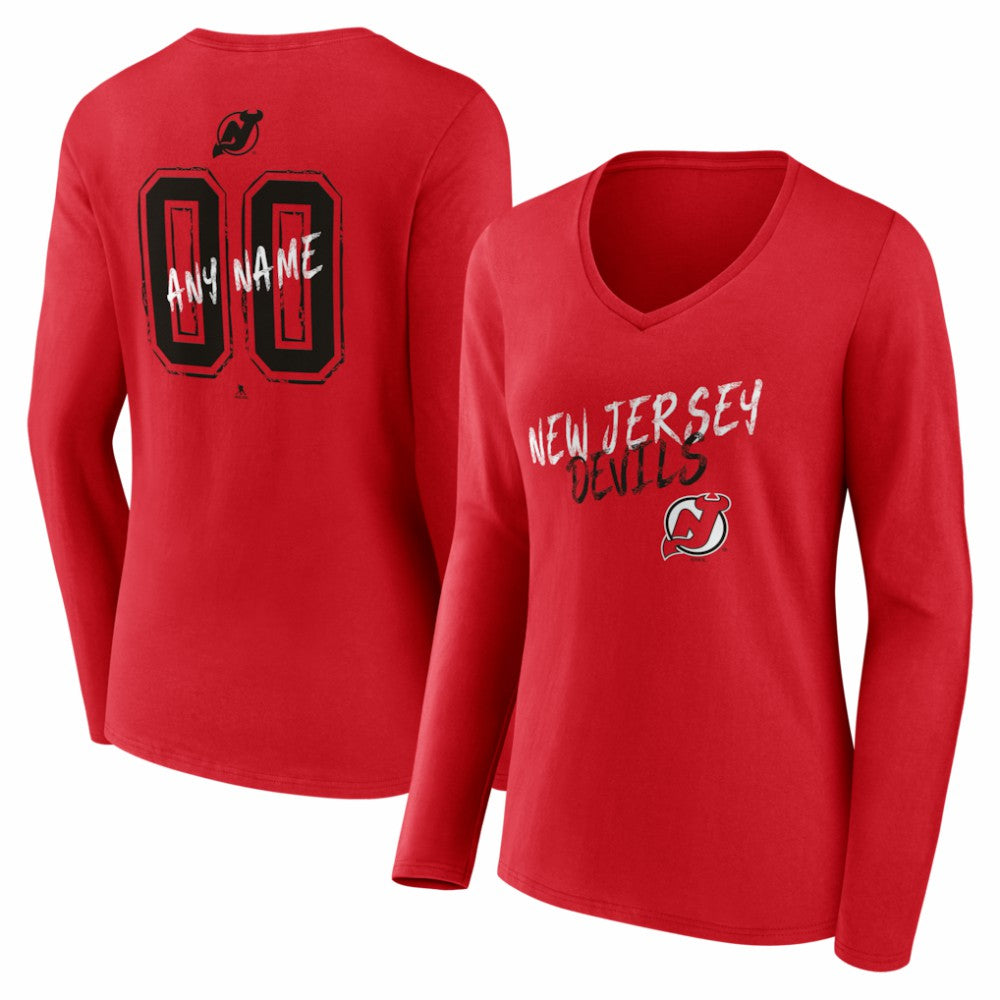 New Jersey Devils Women's Hustle Personalized Name & Number Long Sleeve V-Neck T-Shirt - Red - NHL 203921070