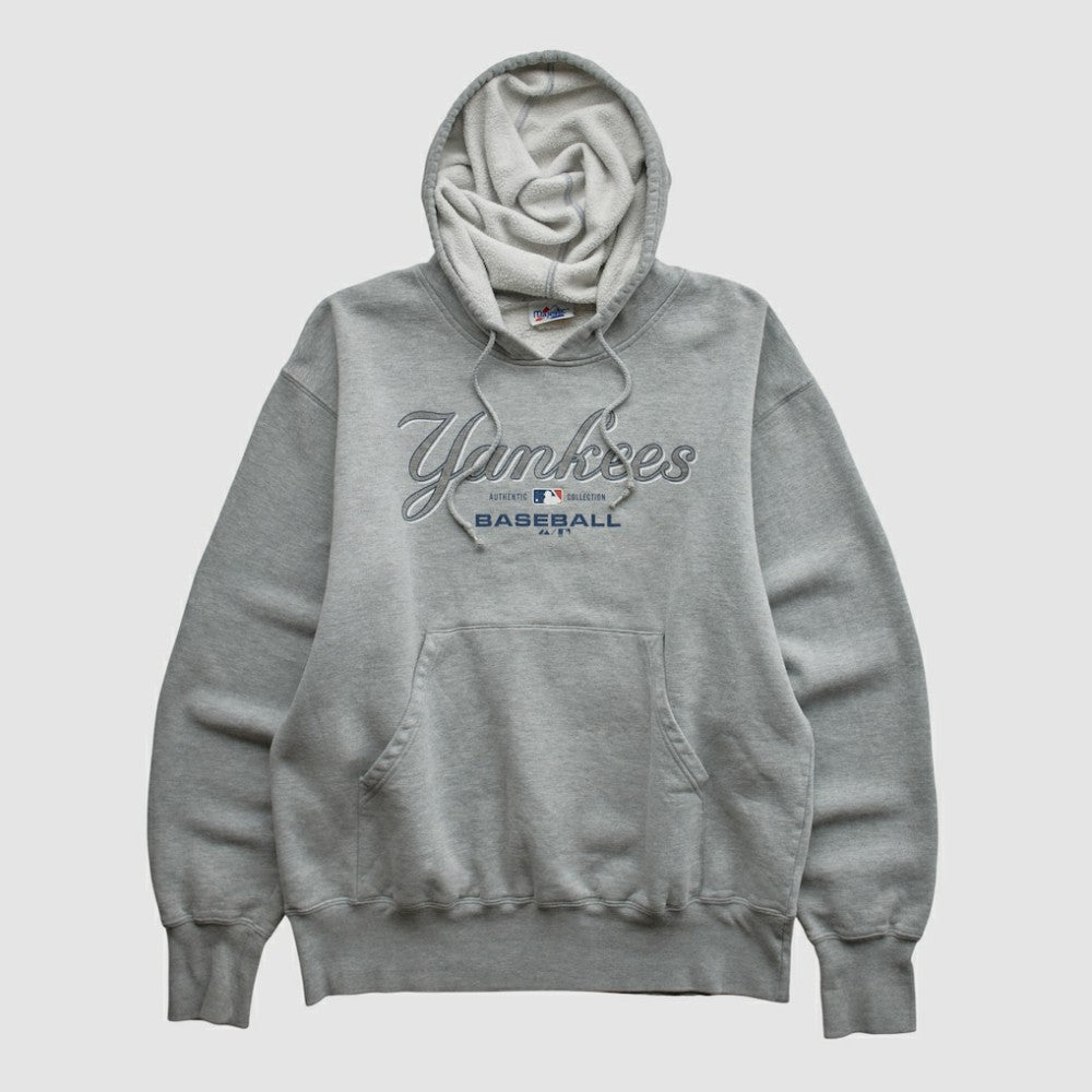 New York Yankees Majestic 2000s Hooded Pullover Sweatshirt - Heather Gray - Vintage - Fanatics on Sale