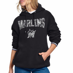 Miami Marlins Starter Women's Lace Team Lockup Fleece Hoodie - Black - MLB on Sale