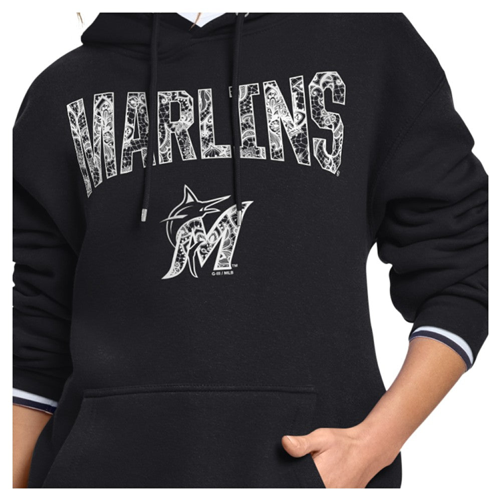 Miami Marlins Starter Women's Lace Team Lockup Fleece Hoodie - Black - MLB on Sale