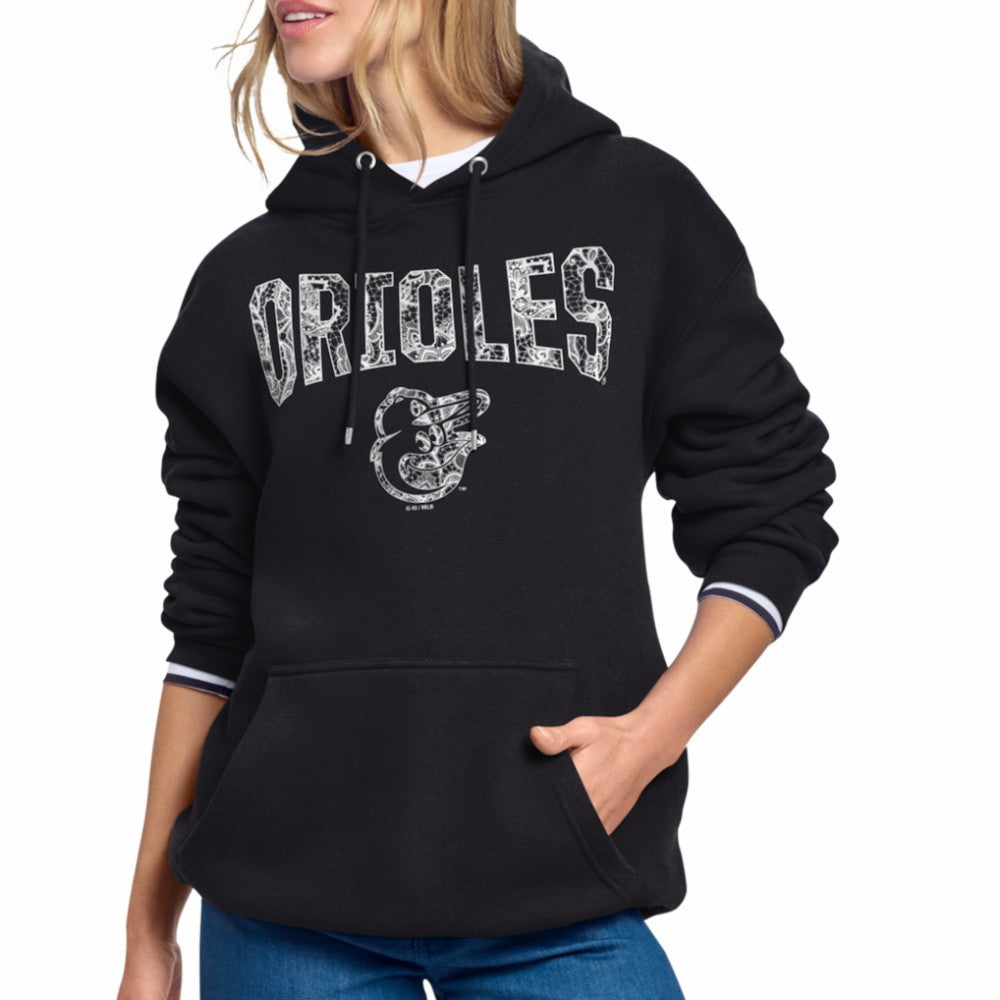 Baltimore Orioles Starter Women's Lace Team Lockup Fleece Hoodie - Black - MLB Discount