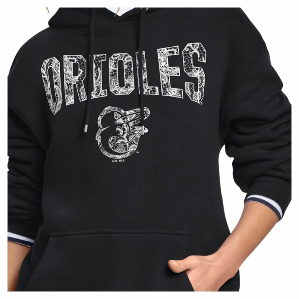 Baltimore Orioles Starter Women's Lace Team Lockup Fleece Hoodie - Black - MLB Discount