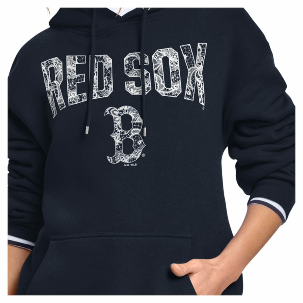 Boston Red Sox Starter Women's Lace Team Lockup Fleece Hoodie - Navy - MLB on Sale