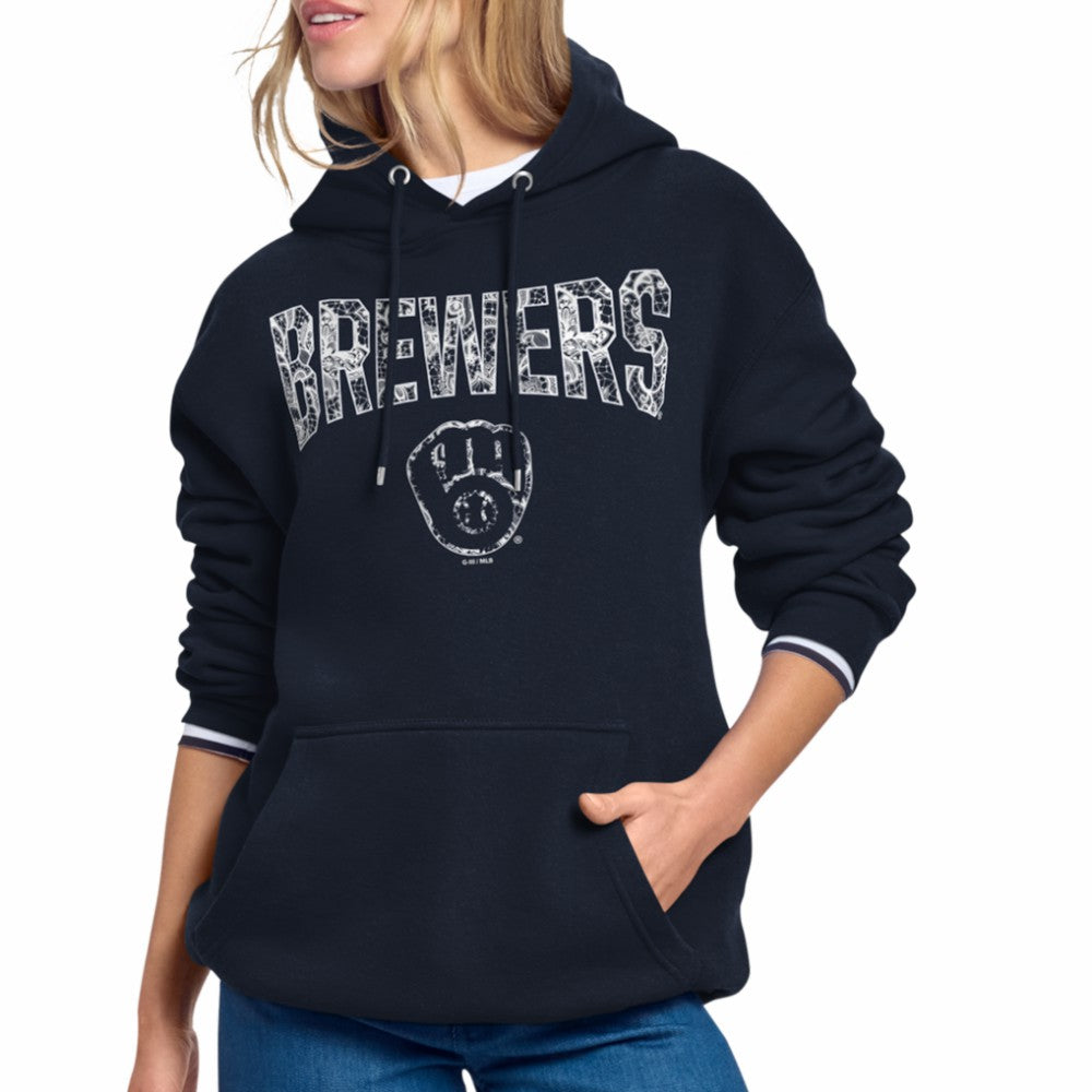 Milwaukee Brewers Starter Women's Lace Team Lockup Fleece Hoodie - Navy - MLB Sale