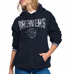Milwaukee Brewers Starter Women's Lace Team Lockup Fleece Hoodie - Navy - MLB Sale