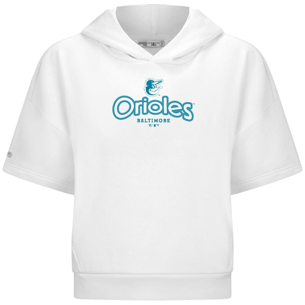 Baltimore Orioles Levelwear Women's Amber Short Sleeve Cornerstone Hoodie - White - MLB Lifestyle