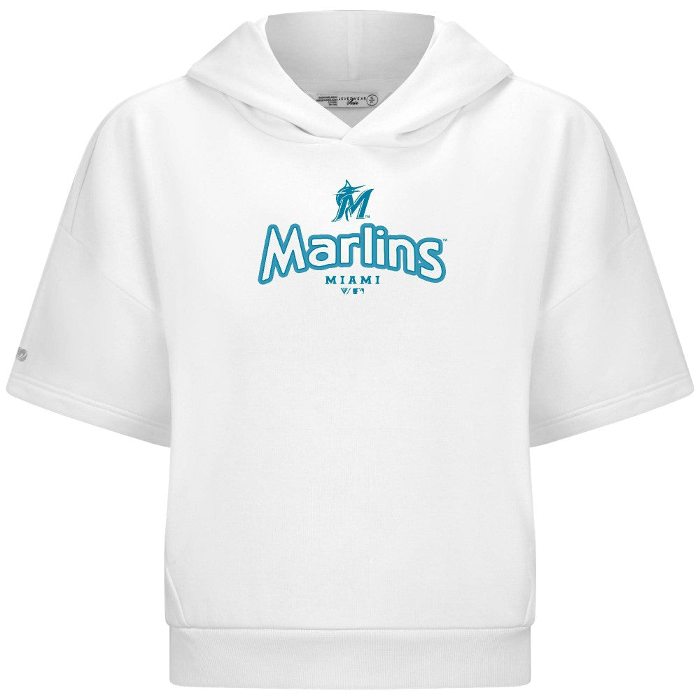 Miami Marlins Levelwear Women's Amber Short Sleeve Cornerstone Hoodie - White - MLB Lifestyle